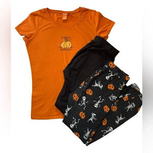 Halloween Tee & 2 Leggings Bundle S/M Orange Black Pumpkin Skeleton